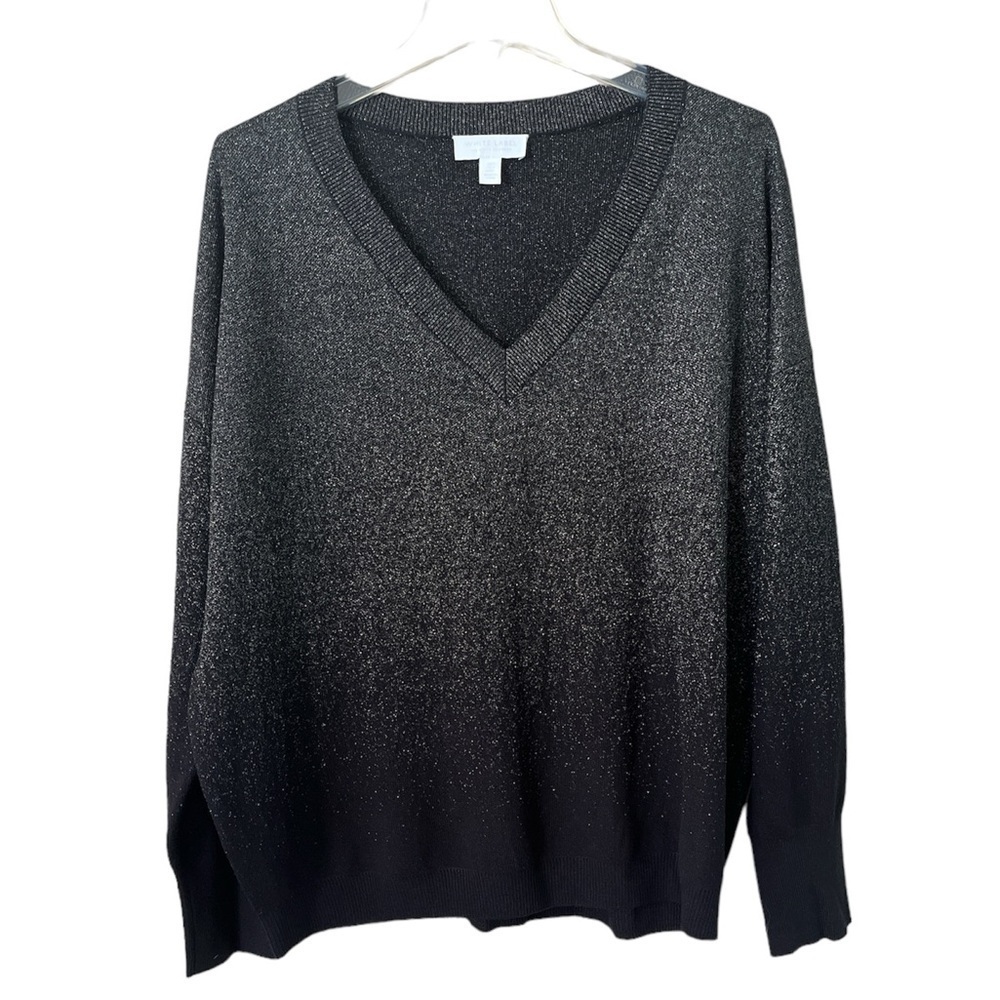 White Label V-neck Sweater Black Gradient Silver Thread Size L Long Sleeves